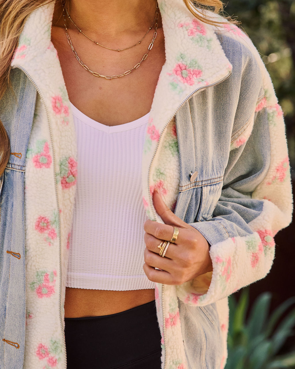 Leony Denim Contrast Printed Sherpa Coat