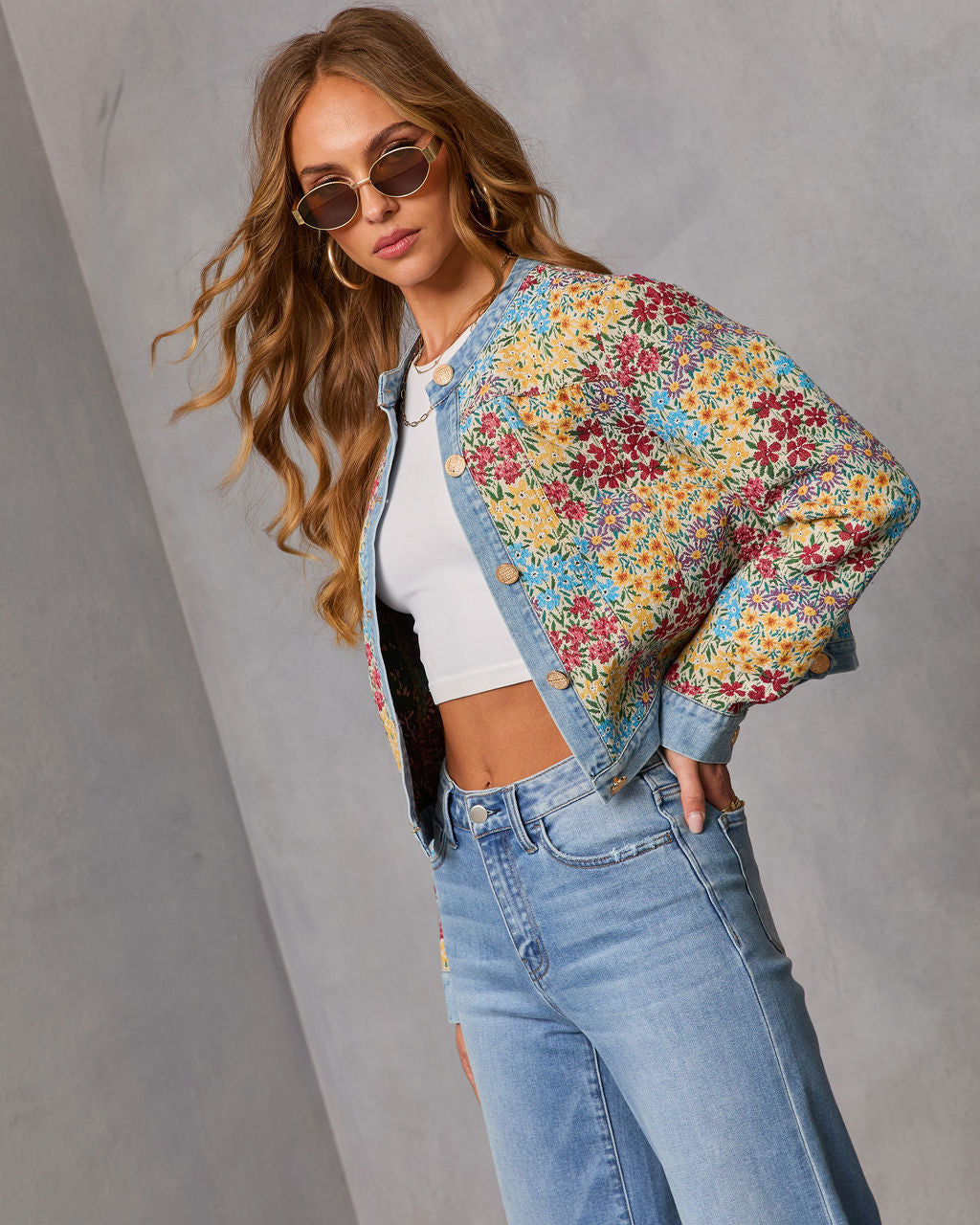 Painted Petal Floral Denim Trim Jacket