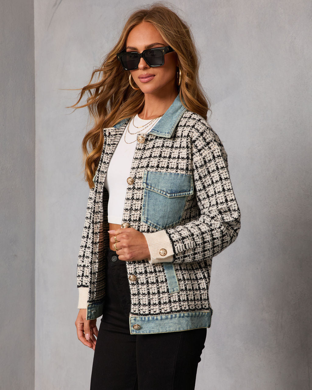 Cozy Together Tweed Denim Panel Button Up Coat