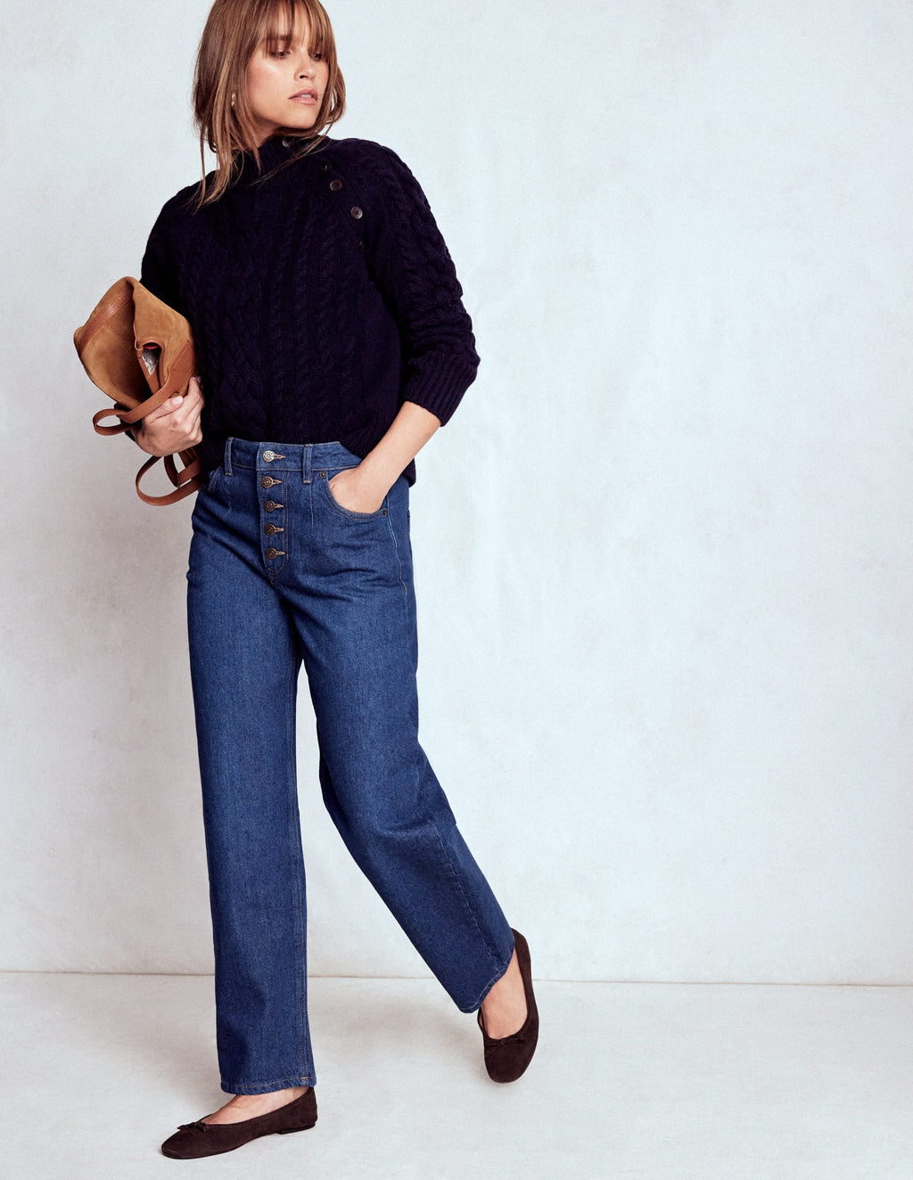 Exposed Button Straight Jeans-Indigo