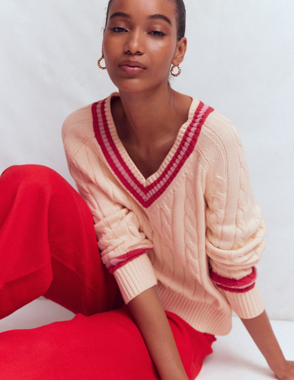 Textured Cotton Jumper-Ivory Cable, Red