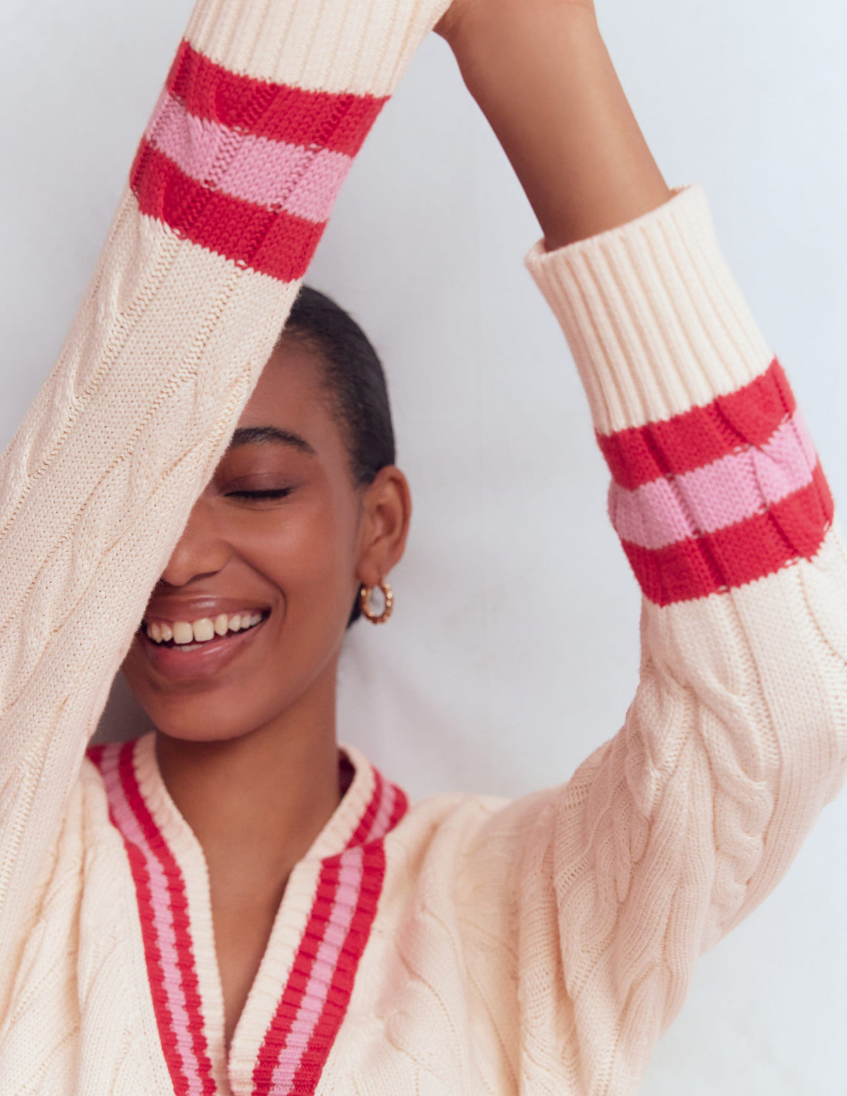 Textured Cotton Jumper-Ivory Cable, Red