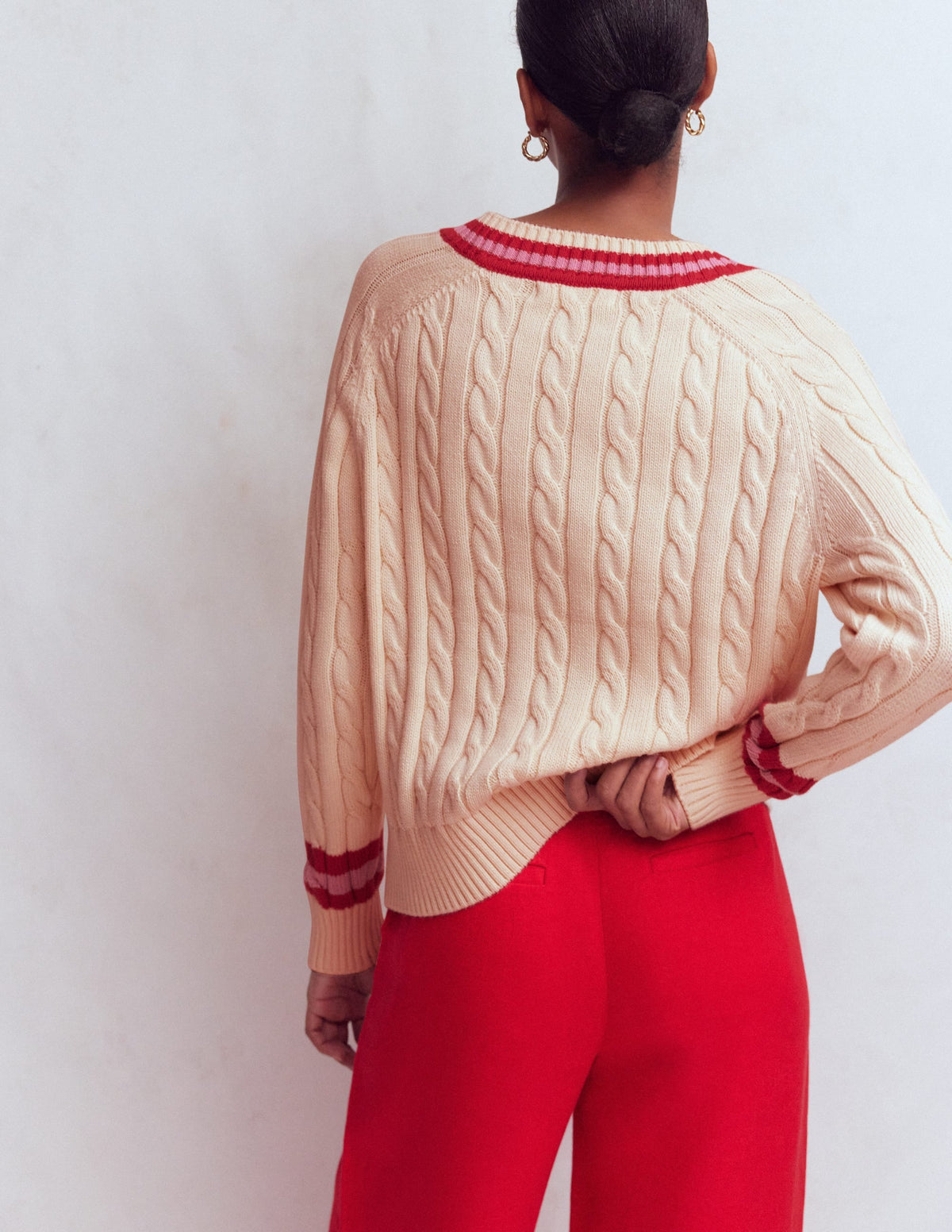 Textured Cotton Jumper-Ivory Cable, Red