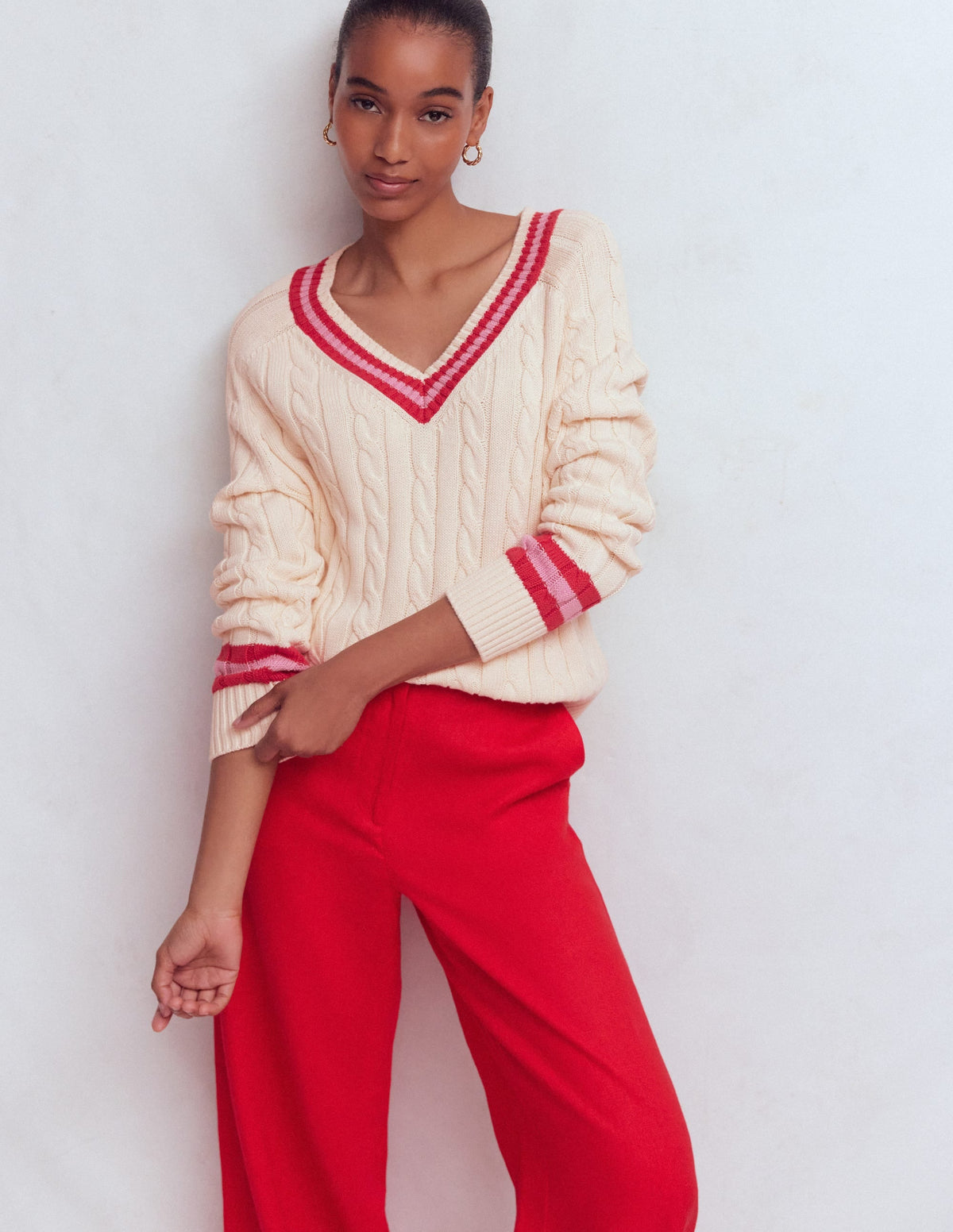 Textured Cotton Jumper-Ivory Cable, Red