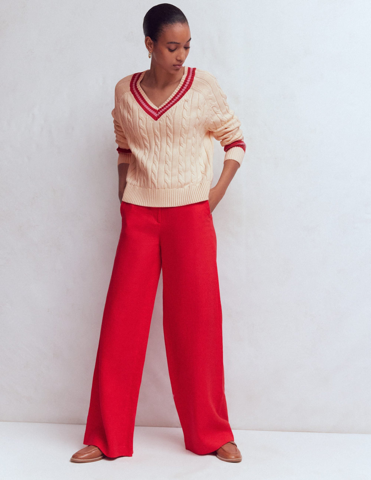 Textured Cotton Jumper-Ivory Cable, Red