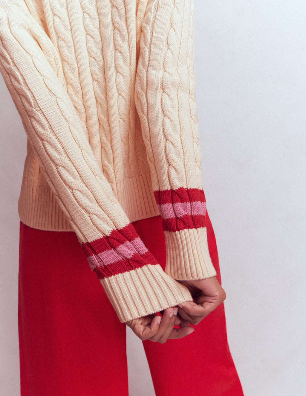 Textured Cotton Jumper-Ivory Cable, Red