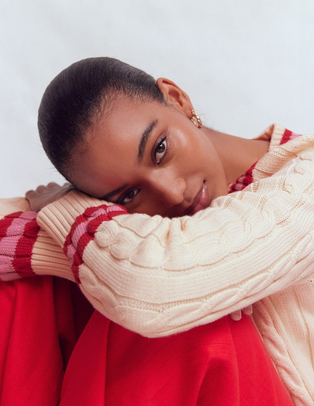 Textured Cotton Jumper-Ivory Cable, Red