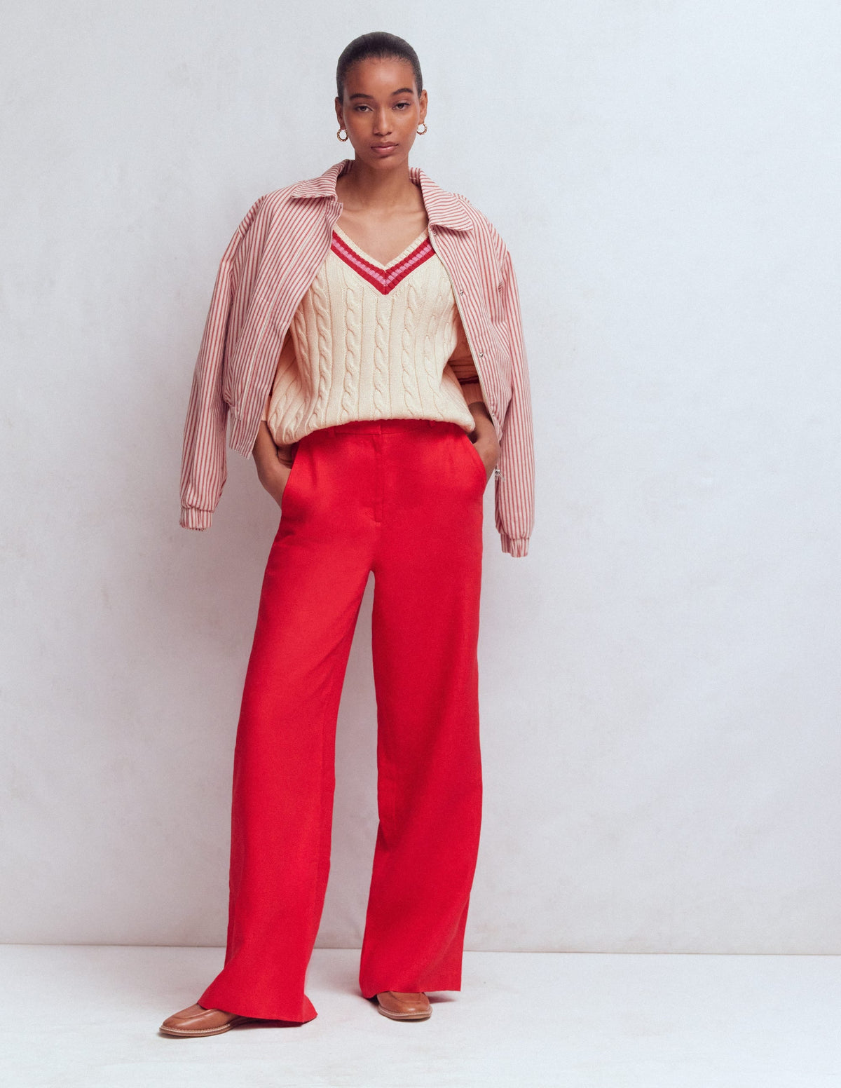 Textured Cotton Jumper-Ivory Cable, Red