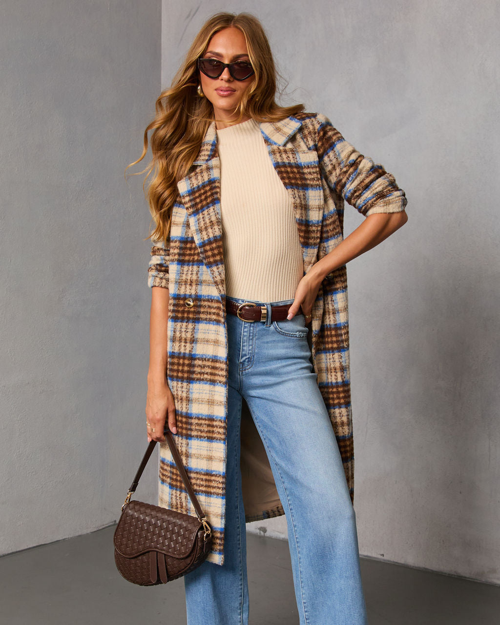 Isarn Plaid Double Breasted Long Coat