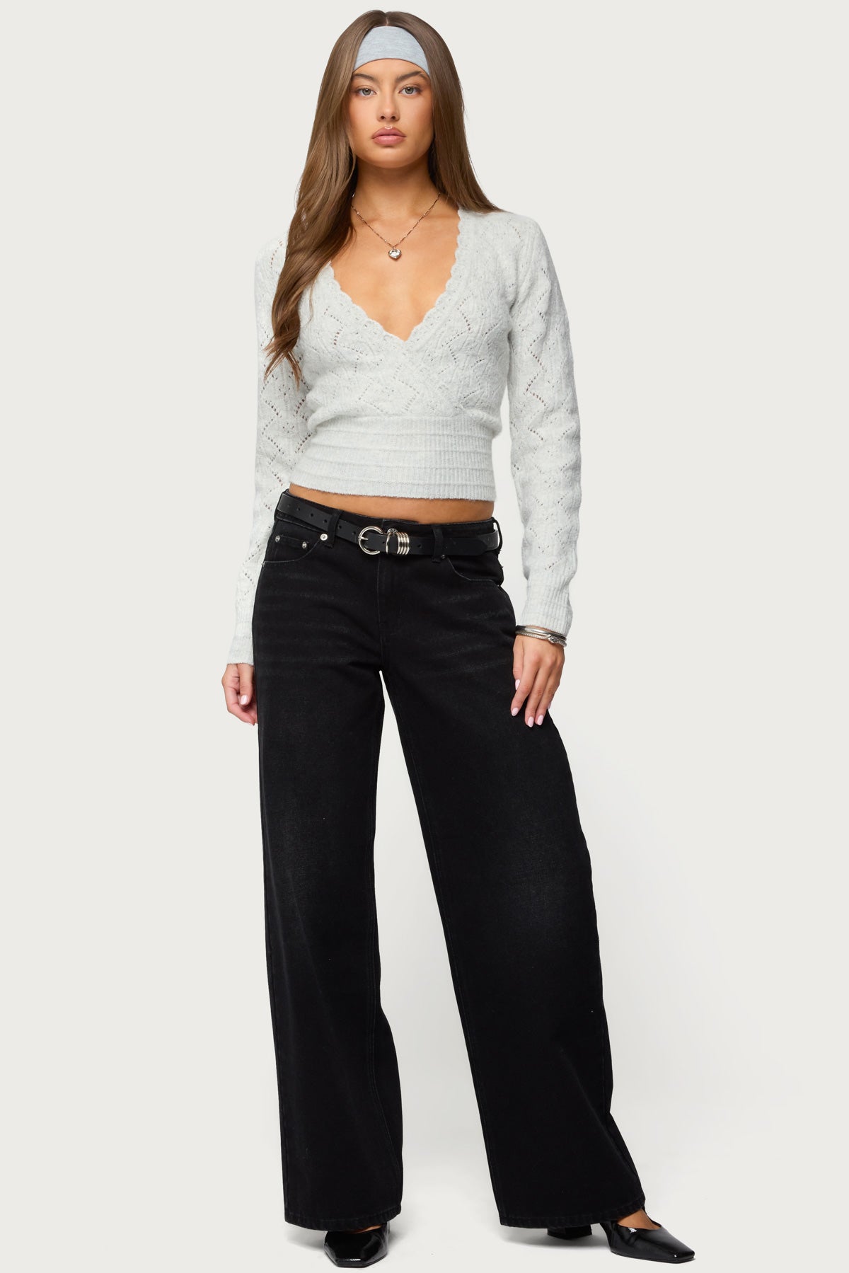 Janine Pointelle Knit V Neck Top