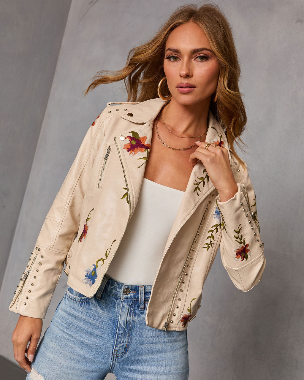 Wildflower Lane Embroidered Vegan Leather Jacket